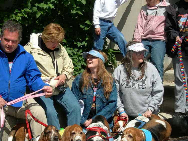 John, Cyndi, Debbie and Diana. Visible Bassets are Buddy, Ja Bip, Precious' back, Jacques' back and Humphrey.